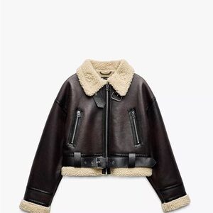 ZARA Dark Brown Faux Leather Shearling Biker Jacket with Cream Collar